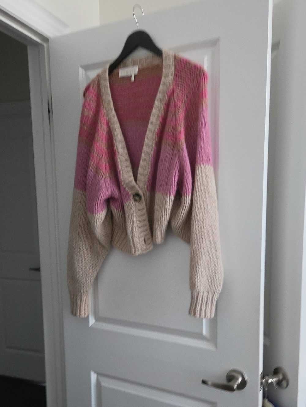 Colorblock Pink and Beige V-Neck Women's Cardigan